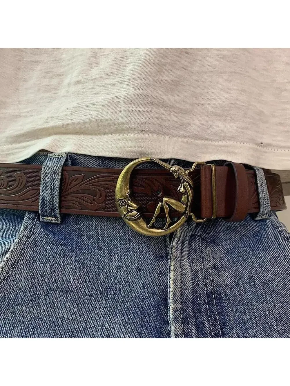 Half moon and Woman belt buckle brown belt. 44 inches length